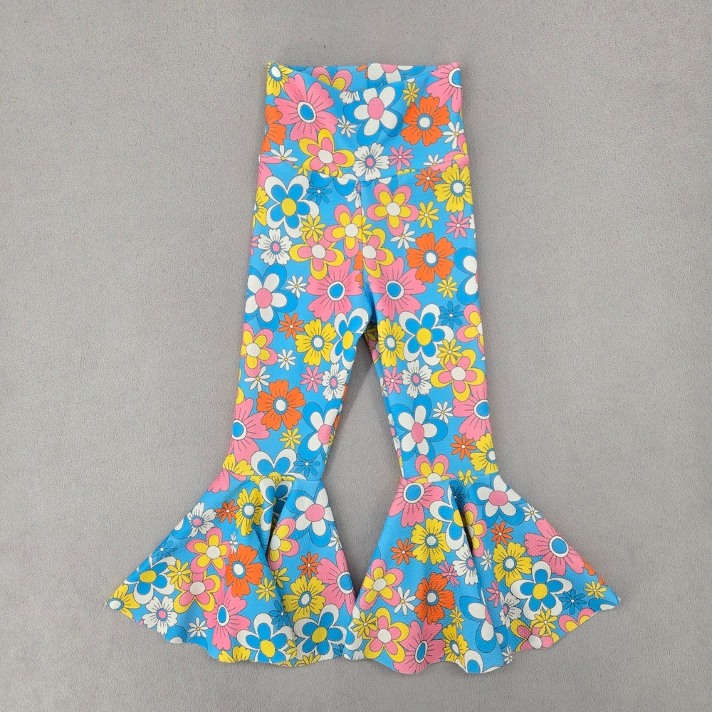 Girls S. 6 Floral Bell Bottom Pants High Waist Hippie Boho Retro Flare Leggings